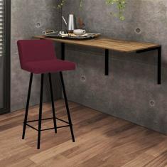 Imagem de Kit Mesa Suspensa de Parede Fixa MDF Caramelo + 1 Banqueta Lexi Ferro Preto Suede Bordô - Ahazzo Móveis