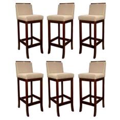 Imagem de Kit 6 Banquetas Alta para Cozinha Gourmet Turim Madeira Castanho Linho Bege CCS