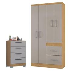 Imagem de Cômoda 867 4 Gavetas com Guarda Roupa Solteiro Milão 4 Portas Damasco Off White - Poquema