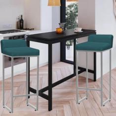 Imagem de Kit 02 Banqueta Alta Mia Com Encosto Cozinha Bistrô Bar Balcão Ferro Cinza Suede Azul Turquesa - Ahazzo Móveis