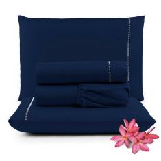 Imagem de Jogo De Lençol Primor King 4 Peças Percal 400 Fios Ponto Palito - Azul Marinho