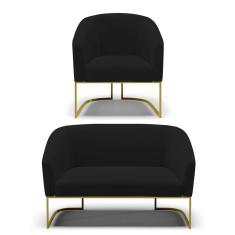Imagem de Sofá Namoradeira E Poltrona Base Industrial Dourado Stella Linho Preto A79 D03 - D'rossi