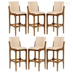 Imagem de Kit 6 Banquetas para Área Gourmet Lisboa Madeira Imbuia Linho Bege M58
