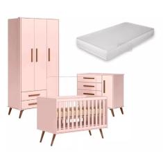 Imagem de Quarto Completo De Bebê Encanto Retrô Rosa Bebê Berço Com Colchão Espuma D-18 Móveis Leartam
