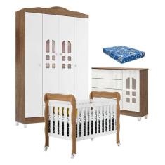 Imagem de Quarto de Bebê New Selena 4 Portas com Berço Lila e Cômoda Selena Branco Acetinado Amadeirado e Colchão Ortobom - Carolina Móveis