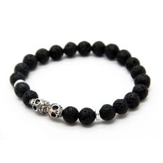 Imagem de Pulseira De Pedra Lava Vulcânica Caveiras Gêmeas Prata