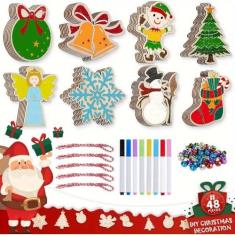 Imagem de 48 peças de kits de artesanato de enfeites de madeira de Natal, artes de madeira inacabada e artesanato a granel para artesanato, peças centrais, discos de madeira redondos, decorações para pendurar,
