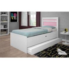 Imagem de Cama Baú 0,88 Larissa com Auxiliar em MDF Framar Branco Rosa