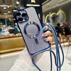 Imagem de Capa magnética com glitter gradiente de cordão crossbody para iPhone 15 14 13 12 11 Pro Max Plus chapeamento capa traseira de TPU macio, azul marinho, para iPhone 11Pro Max