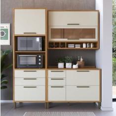 Imagem de Cozinha Compacta 194cm com 3 Peças Vidro Reflecta e 1 Paneleiro 100% Mdf Vicenza Espresso Móveis Amêndoa/Off White