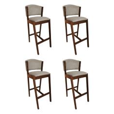 Imagem de Kit 4 Banquetas Alta De Madeira Maciça Natural Premium Ana Com Encosto Linho Bege