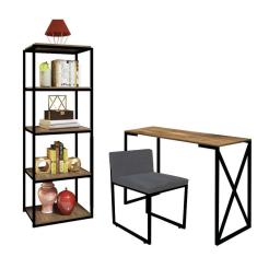 Imagem de Kit Escritório Bex 1 Cadeira Suede Cinza com 1 Mesa e 1 Livreiro Ferro Preto MDF Freijó - Ahazzo Móveis