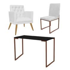 Imagem de Kit Escritório Stan Poltrona Maria com Cadeira e Mesa Industrial Preto Bronze Tecido Sintético Branco - Ahz Móveis