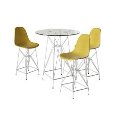Imagem de Jogo Mesa Bistrô Eames Vidro 60Cm 3 Banquetas Amarela Base Ferro Branco - Cor: Branco
