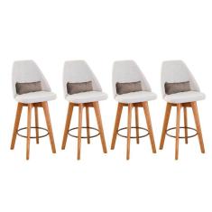 Imagem de Kit 04 Banquetas Alta Maya Giratória Com Encosto Gourmet Linho Bege e Almofada Suede Bege - Aurora Line