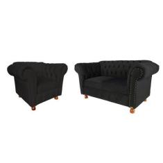Imagem de Conjunto Sofa Namoradeira Chesterfield Capitone Luis Xv Suede Preto /