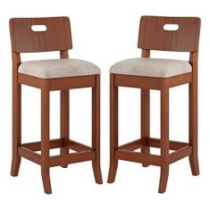 Imagem de Kit 2 Banquetas Média Estofada Encosto Dubai 36x90Cm Bancada Madeira Maciça Linho Bege M58 - RMI