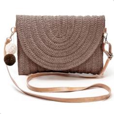 Imagem de Bolsa de Palha Pequena Acessório De Verão Praia Piscina Alça Transversal (Marrom)