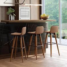 Imagem de KIT 3 BANQUETAS ALTAS LUXO LINEA AÇO PRETO LINHO TERRACOTA BASE CARVALHO