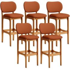 Imagem de Kit 05 Banquetas Alta Bar Cozinha Sala Jantar Fixa Betta L02 Imbuia Tecido Terracota
