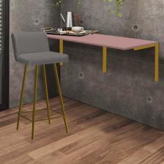 Imagem de Kit Mesa Suspensa de Parede Fixa MDF Rosa + 1 Banqueta Lexi Ferro Dourado Corino Cinza - Ahazzo Móveis