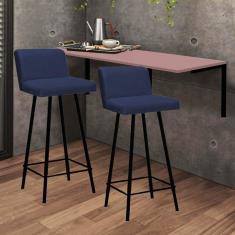 Imagem de Kit Mesa Suspensa de Parede Fixa MDF Rosa + 2 Banquetas Lexi Ferro Preto Sintético Azul Marinho - Ahazzo Móveis