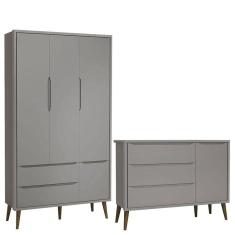 Imagem de Cômoda Infantil Com Porta E Guarda Roupa 3 Portas Theo Cinza Com Pés Amadeirado - Reller