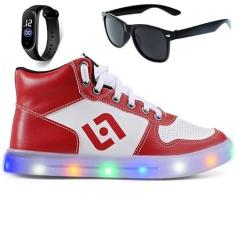 Imagem de Tenis Infantil De Led Meninos Botinha Cano Alto Escolar Casual Basico + Oculos Relogio