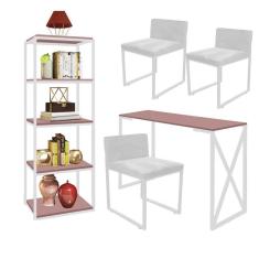 Imagem de Kit Escritório Bex 3 Cadeiras Suede Branco com 1 Mesa e 1 Livreiro Ferro Branco MDF Rose Rosa - Ahazzo Móveis