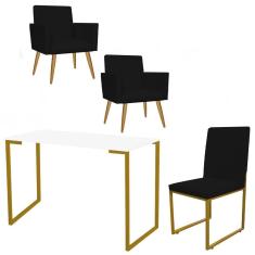 Imagem de Kit Escritório Stan 2 Poltronas com Cadeira e Mesa Industrial Tampo Branco Dourado Tecido Sintético Preto - Ahz Móveis