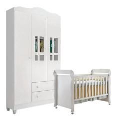 Imagem de Berço Americano Mirelle E Guarda Roupa Infantil Ariel 3 Portas Branco Brilho - Carolina