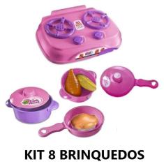 Imagem de Kit Cozinha Infantil com 8 Brinquedos Fogão, 1 Panelinha com tampa, 1 frigideira  com frango, 1 Frigideira com tampa e 1
