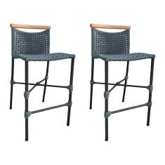 Imagem de Kit 2 Banquetas Em Corda Náutica Base Em Alumínio Preta Com Detalhe Em Madeira Cinza Cinza