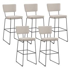 Imagem de Kit 05 Banquetas Alta Base Em Aço Fixa Linho Cru