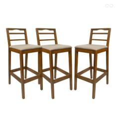 Imagem de Kit 3 Banqueta Alta de Madeira para Bancada Grécia Amêndoa Linho Bege CCS