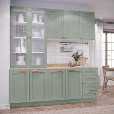 Imagem de Cozinha Modulada Compacta 4 Peças com Armário Aéreo 2 Portas Vidro Arizona Cabecasa Madeiramadeira Branco/menta