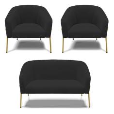 Imagem de Sofá Namoradeira E 2 Poltronas Pé De Ferro Dourado Stella Veludo Preto D03 - D'rossi