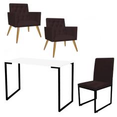 Imagem de Kit Escritório Stan 2 Poltronas Capitonê com Cadeira e Mesa Industrial Branco Preto Tecido Sintético Marrom - Ahz Móveis