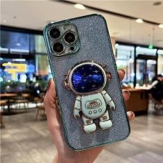 Imagem de Capa de telefone com suporte de astronauta com brilho e chapeamento para iPhone 11 12 13 Mini 14 15 Pro Max X XR XS Capa de suporte em 7 8 Plus, verde claro, para iphone 13