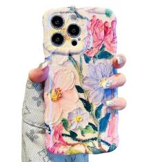 Imagem de UEEBAI Capa para iPhone 13 Pro de 6,1 polegadas, capa colorida retrô de flores com pintura a óleo, linda estampa brilhante, capa ondulada, floral, encaracolado, elegante, capa macia para mulheres e