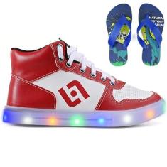 Imagem de Tenis Infantil De Led Meninos Botinha Cano Alto Escolar Casual Basico + Chinelo