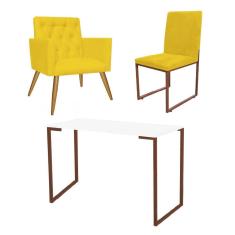 Imagem de Kit Escritório Stan Poltrona Capitonê com Cadeira e Mesa Industrial Branco Bronze Corino Amarelo - Ahz Móveis