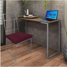 Imagem de Kit Escritório Stark Cadeira e Mesa Industrial Ferro Cinza Tampo MDF Carvalho Suede Bordô - Ahz Móveis