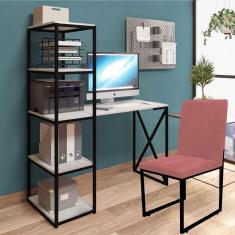 Imagem de Kit Escritório Mesa Max BeX 5 Prateleiras e Cadeira Stan Preto Tampo Branco Suede Rose Gold - Ahz Móveis