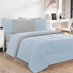 Imagem de Kit Edredom + Jogo De Lençol Malha 100% Algodão Gran Moratta 6 Peças Queen - Azul Bebê-cinza