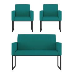 Imagem de Kit Sofá 2 Lugares + 2 Poltronas Para Recepção Sala Balaqui Cor:azul Turquesa Azul Turquesa