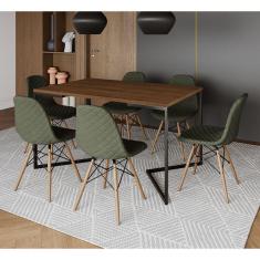 Imagem de Mesa Industrial Retangular Base V Aço Preto 137x90cm Amêndoa 6 Cadeiras Madeira Estofadas Verde