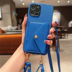 Imagem de Pulseira de couro PU Crossboby com porta-cartão capa de telefone para iPhone 15 14 11 Pro Max 13 12 Mini XR XS Max 8 7 Plus capa, azul, para iPhone 11 Pro
