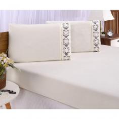 Imagem de Jogo Lençol Queen Casal Bordado 3peças Palha Cinza Veneza