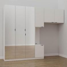 Imagem de Guarda Roupa Modulado de Solteiro com Espelho e Mesa de Cabeceira Esquerda 7 Portas 3 Peças Hera Cab Branco Geada/preto